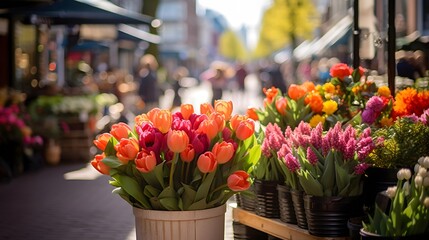 Colorful tulips on a market stall in Strasbourg, France - obrazy, fototapety, plakaty