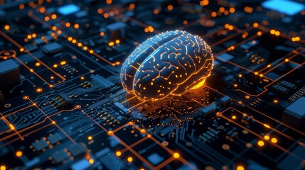 a futuristic brain integrated onto a printed circuit board, surrounded by intricate electronic components. Created with generative AI technology