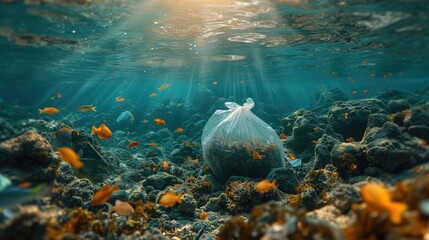 Garbage in a garbage bag floating in the ocean underwater