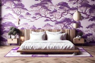 Bohemian wooden bedroom in white and purple tones, close up. Double bed, pine bonsai, parquet floor and wallpaper. Japandi interior design, 3d illustration