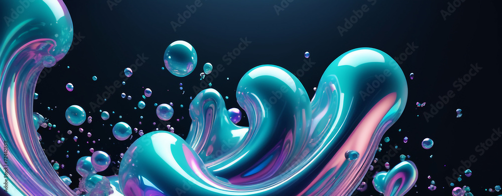 Wall mural 3d image of fluid abstract floating objects with holographic colors
