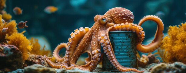 octopus and metal, plastic trash in ocean, pollution danger