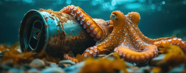 octopus and metal can trash in ocean, pollution danger