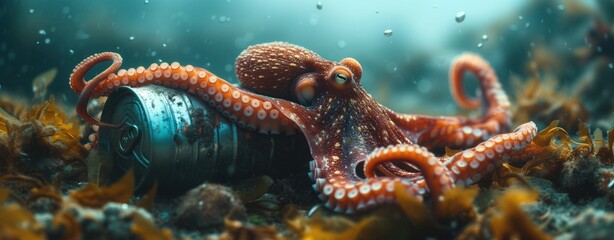octopus and metal can trash in ocean, pollution danger - obrazy, fototapety, plakaty
