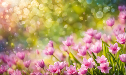 Fototapeta na wymiar Sunny spring field: Vibrant flowers under the sun