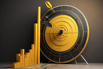 Dartboard with arrow on a rising bar graph, symbolizing enhanced business objectives, targets, and goals. 3D render for a conceptual and dynamic visual.