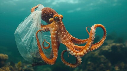 octopus and metal, plastic trash in ocean, pollution danger - obrazy, fototapety, plakaty