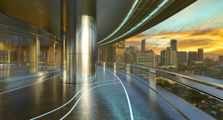 3D futuristic curved shapes design metal facade office exterior with stunning sunrise city skyline