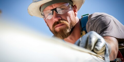 Close-up of a Wind Turbine Engineer Inspecting Blades.