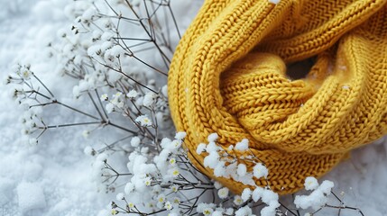 a yellow knitted scarf covering the ground next to a bunch of small white flowers