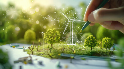 a person drawing wind turbine graph behind trees and plants,Innovative Sustainable Energy Concept with Greenery.  - obrazy, fototapety, plakaty