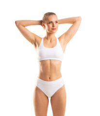 Naklejka na ściany i meble Young, fit and beautiful woman in white swimsuit over white background. The concept of healthcare, diet, sport and fitness.