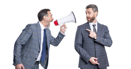 business conflict. businessman shouting in loudspeaker isolated on white. business man has conflict with partner about promotion. businessman solving conflict. rivalry concept. point finger