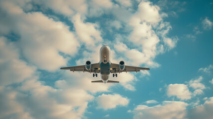 White passenger airplane flying in the sky amazing clouds in the background