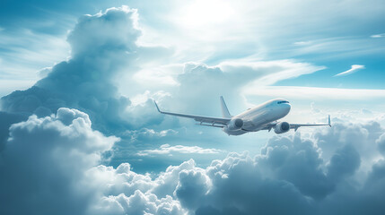 Fototapeta na wymiar White passenger airplane flying in the sky amazing clouds in the background