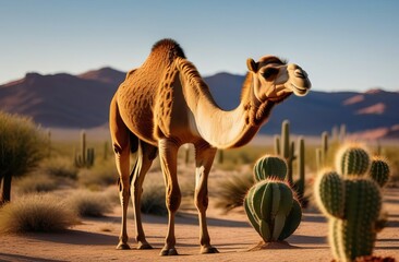 Camel in the desert. Cacti.