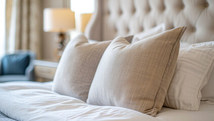 Fototapeta na wymiar Cozy Bedroom Pillows in Soft Focus. Softly focused pillows on an inviting bed in a warmly lit bedroom setting.