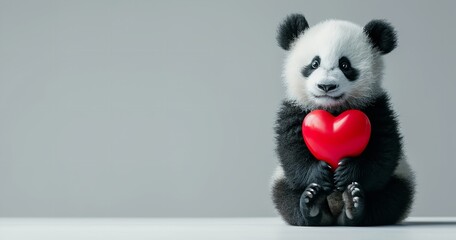 On a white backdrop, a cuddly panda holding a crimson heart, big copy space, Generative AI. - obrazy, fototapety, plakaty