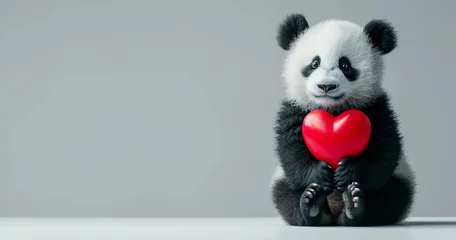 Foto op Plexiglas On a white backdrop, a cuddly panda holding a crimson heart, big copy space, Generative AI. © Noobs