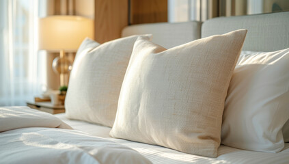 Fototapeta na wymiar Luxurious Bed with Neutral Toned Pillows. Neutral-toned pillows on a luxury bed in a contemporary bedroom, bathed in soft light.