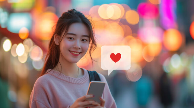 Young Woman Receiving Love Notification on Smartphone.