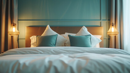Cozy Bedroom with Elegant Blue Pillows.
A warm bedroom setting with stylish blue pillows and ambient lighting. - obrazy, fototapety, plakaty