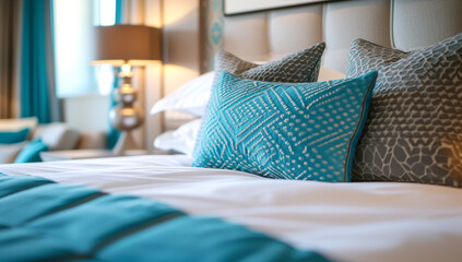 Contemporary Bedroom in High-End Hotel.
A close-up of a contemporary bedroom setting with chic pillows and detailed bedspread.
