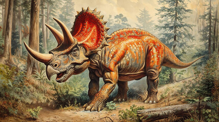 Fototapeta premium Triceratops ancient horned dinosaur, antique old colored style art. Generative AI image.