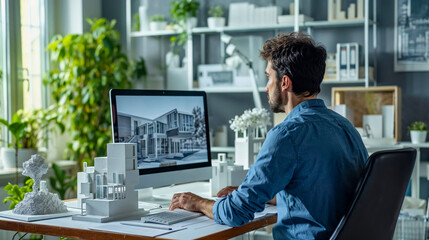 Architect / civil engineer planning at his desk in front of a computer screen