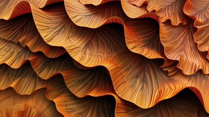 3D Wavy Leaf Macro: Extreme close-up of a dry leaf with wavy textures, rendered in captivating 3D, from above.
