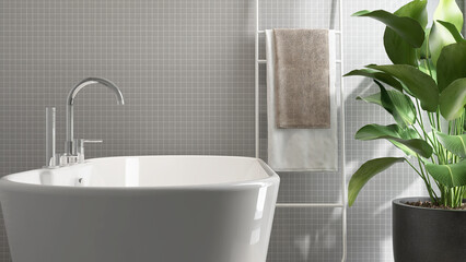 White freestanding ceramic bathtub, towel rack ladder, tropical plant in modern gray mosaic...