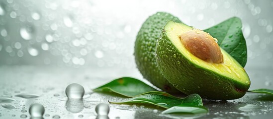 Fresh avocado fruit with water drops on a white background. Generated AI image