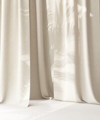 Modern beige cream drapery curtain on white stage floor in sunlight from window for luxury beauty,...