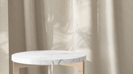 Modern design of white round marble podium table, chrome steel leg in sunlight, palm leaf shadow on beige curtain for luxury cosmetic, skincare, beauty, body, treatment product display background 3D