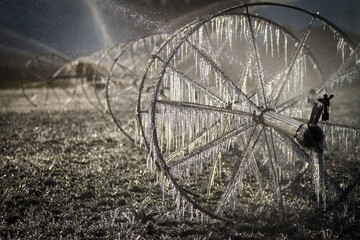 Ice cycles on a frozen wheel line irrigation sprinkler system after an evening of below freezing...