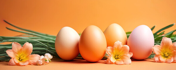 Fototapeta premium Easter. Eggs. Flowers. Abstract background. Easter decoration. Holiday, symbol, identity. Template for the site. Free space for text.