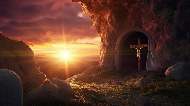 Easter background depicts the resurrection of Jesus Christ at sunrise, featuring an empty tomb, shroud, and crucifixion
