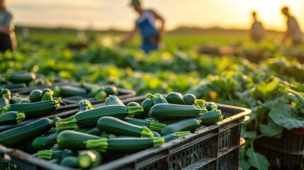 Ripe green zucchini crop in plastic boxes on a farmland in backdrop with laborers, Generative AI. - obrazy, fototapety, plakaty