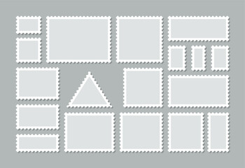 Collection paper postmarks. Post stamps isolated on background. Empty stamps set. Postal shapes border. Blank frames for mail letter. Postage perforated templates. Vector illustration. Flat design.