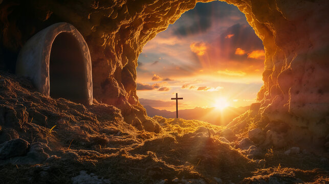 Tomb Empty With Shroud And Crucifixion At Sunrise, Resurrection Of Jesus Christ, Easter background
