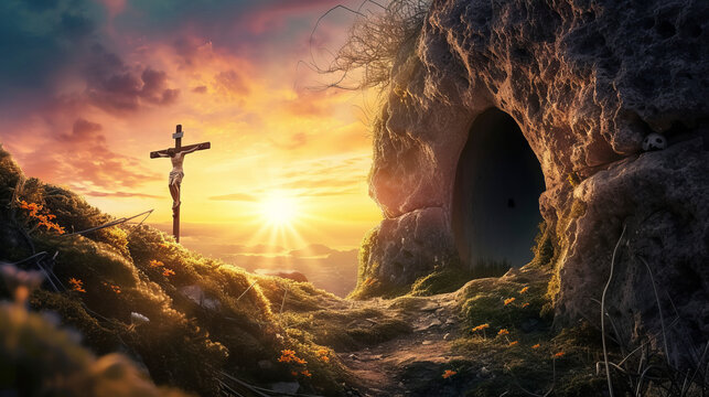 Sunrise resurrection scene: Empty tomb, shroud, and crucifixion in the background, symbolizing Jesus Christ's Easter triumph