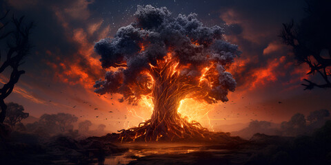 Burning tree in the sky 3d illustration 