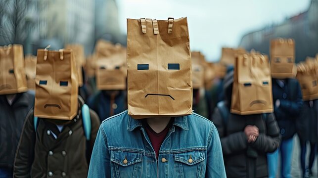 Person with a paper bag over their head, with a sad face drawing.