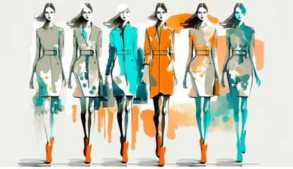 summer female fashion show, new collection blue and orange, young models walking at runway, colorful abstract people art and illustration