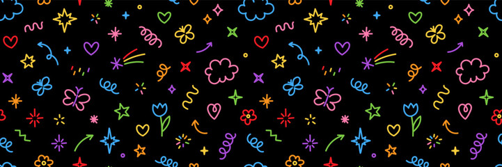 Cute kid scribble doodle icons seamless pattern. Flower star heart butterfly rainbow cloud.
