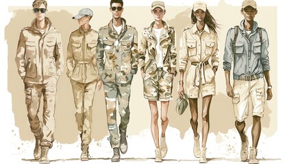 runway fashion show, young models present casual summer fashion in a safari look, abstract watercolor illustration  - obrazy, fototapety, plakaty