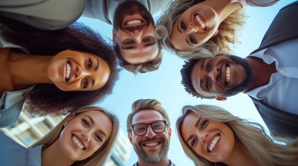 Group of diverse people smiling and looking down into the camera.

