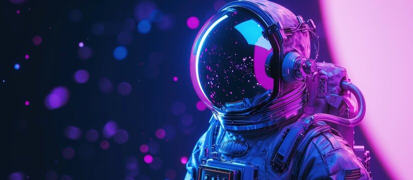 Futuristic space suit astronaut sculpture with purple and blue vibrant color. Generated AI image