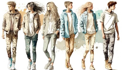 Casual Clothing, streetwear fashion show, young people, watercolor illustration - obrazy, fototapety, plakaty