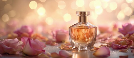 Obraz na płótnie Canvas Transparent Perfume bottle with pink rose gold petals on blur bokeh background. Generated AI image